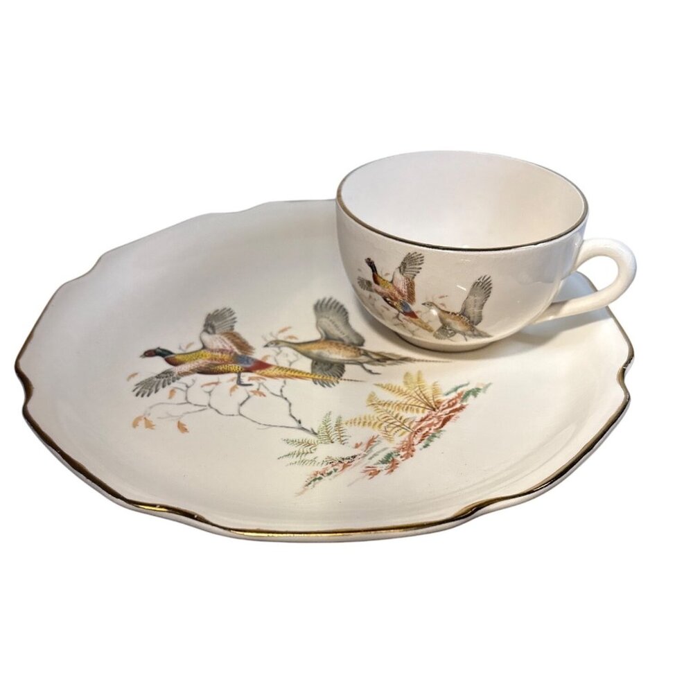 Georgian China Teacup & Plate Set With 22 Kt. Gold Trim Pheasant Design USA
